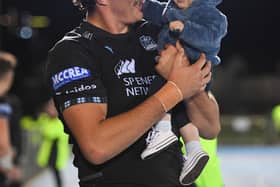 JP du Preez made a winning Glasgow Warriors debut against Cardiff and celebrated with his young son, Isak. (Photo by Ross MacDonald / SNS Group)