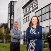 L to R are Scott Martin (BUD Architecture) Katie Whell and Yolanda Wringe (Pure Offices operation director and business centre manager respectively), outside the new Edinburgh Park offices. Picture: Ian Georgeson Photography