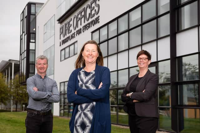 L to R are Scott Martin (BUD Architecture) Katie Whell and Yolanda Wringe (Pure Offices operation director and business centre manager respectively), outside the new Edinburgh Park offices. Picture: Ian Georgeson Photography