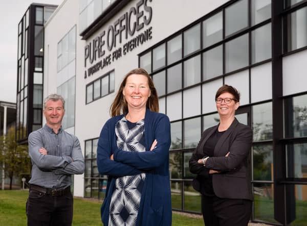L to R are Scott Martin (BUD Architecture) Katie Whell and Yolanda Wringe (Pure Offices operation director and business centre manager respectively), outside the new Edinburgh Park offices. Picture: Ian Georgeson Photography