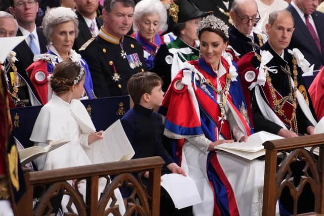 (Left to right) Princess Charlotte, Prince Louis and the Princess of Wales, and the Duke of Edinburgh during the Coronation of King Charles III and Queen Camilla. Picture: Victoria Jones - WPA Pool/Getty Images