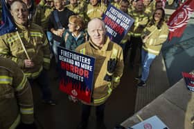 Firefighters and supporters descend on the Scottish Parliament to promote the union's campaign for Fair Pay, an end to cuts and increased staffing. Picture: Lisa Ferguson