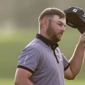 Jordan Smith of England reacts on the ninth hole during Day One of the Portugal Masters at Dom Pedro Victoria Golf Course on October 27, 2022 in Quarteira, Portugal.