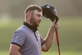 Jordan Smith of England reacts on the ninth hole during Day One of the Portugal Masters at Dom Pedro Victoria Golf Course on October 27, 2022 in Quarteira, Portugal.