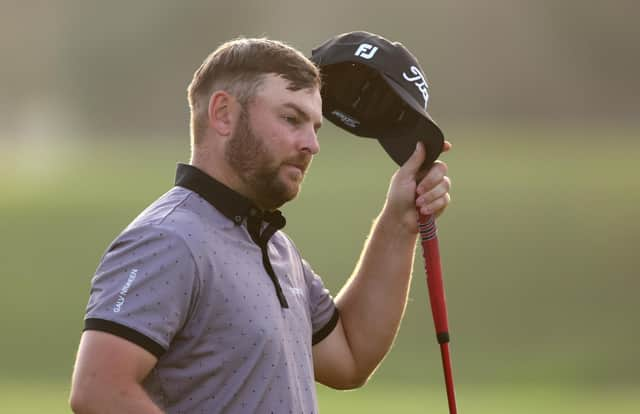 Jordan Smith of England reacts on the ninth hole during Day One of the Portugal Masters at Dom Pedro Victoria Golf Course on October 27, 2022 in Quarteira, Portugal.