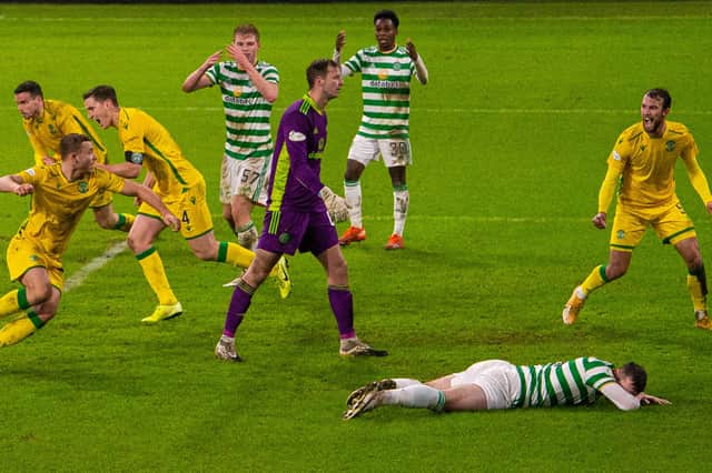 Dejected Celtic players as Hibs nab a late equaliser. Picture: SNS