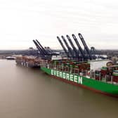 The world's largest cargo ship Ever Ace, holder of the record for most containers loaded onto a single vessel, at the Port of Felixstowe in Suffolk