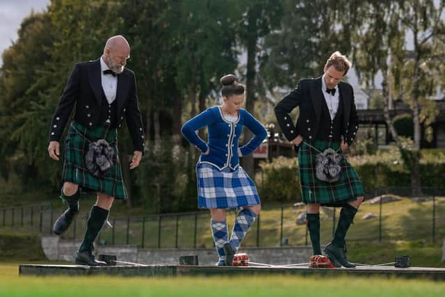Graham McTavish, Cerys Jones, Sam Heughan in Men in Kilts, season one, in which the duo toured Scotland in a campervan. Pic: Starz! Movie Channel/Everett/Shutterstock (14215274h)