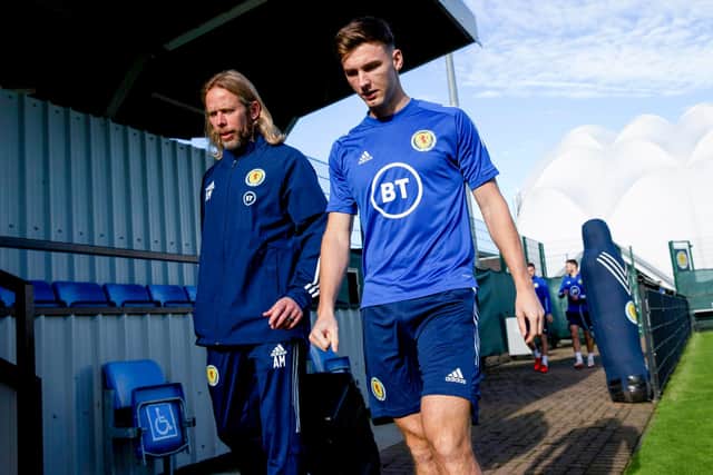 New Scotland coach Austin MacPhee (left) at Scotland training yesterday with Kieran Tierney (Photo by Craig Williamson / SNS Group)