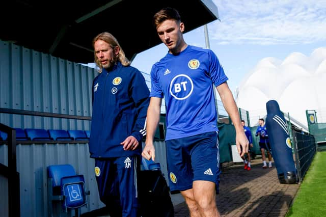 New Scotland coach Austin MacPhee (left) at Scotland training yesterday with Kieran Tierney (Photo by Craig Williamson / SNS Group)