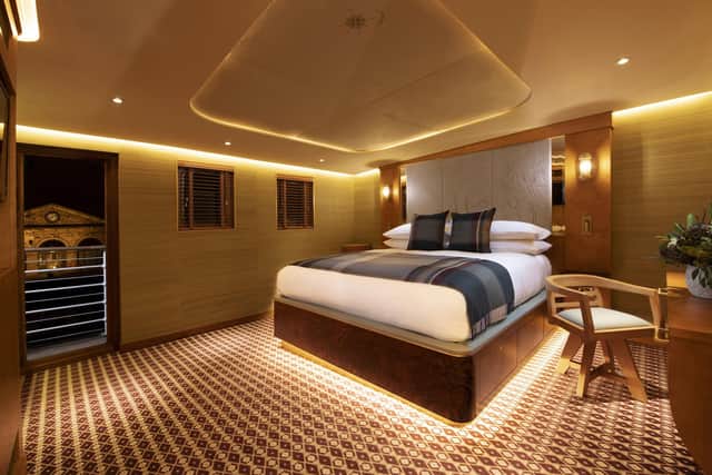 The majority of Fingal's cabins are large and luxurious with duplex suites containing a spiral staircase linking the sitting area and the bedroom below. Pic: Fiona Laing