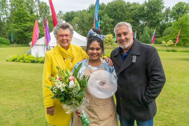 Great British Bake Off 2022 winner Syabira Yusoff with judges Paul Hollywood and Prue Leith. Image: Mark Bourdillon/Love Productions/Channel 4