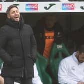 Hibs head coach Lee Johnson looks on from the sidelines at Easter Road. (Photo by Ross Parker / SNS Group)