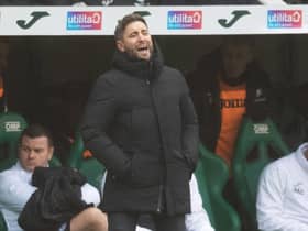 Hibs head coach Lee Johnson looks on from the sidelines at Easter Road. (Photo by Ross Parker / SNS Group)