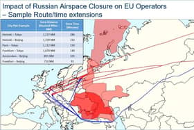 Blue lines show the routes airlines are forced to take to avoid Russian and Ukrainian airspace, coloured red. The previous routes are in red. (Photo by Eurocontrol)