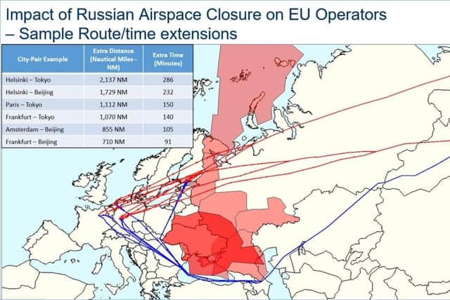 Blue lines show the routes airlines are forced to take to avoid Russian and Ukrainian airspace, coloured red. The previous routes are in red. (Photo by Eurocontrol)