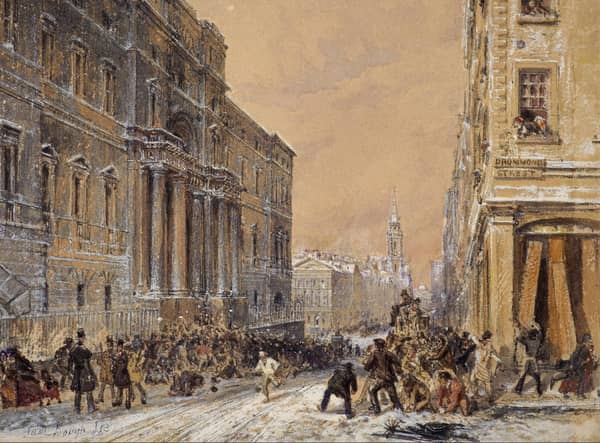 Snowballing Outside Edinburgh University. Watercolour on paper by Samuel Bough (1853).