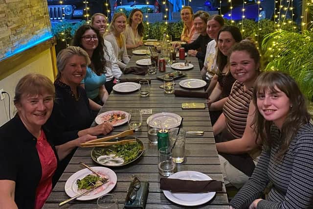 The Scottish group, which has been joined by pros Catriona Matthew, Laura Beveridge, Gabrielle Macdonald and Clara Young for the Sean Connery Foundation education event, out for dinner in the Bahamas. Picture: Kathryn Imrie/Scottish Golf.