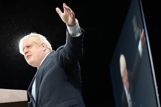 Prime Minister Boris Johnson delivers his keynote speech at the Conservative Party Conference in Manchester.