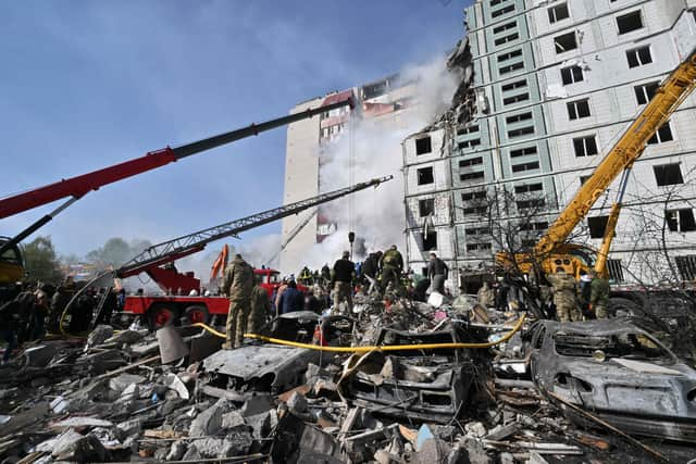 Rescuers work in the rubble of a damaged residential building in Uman, south of Kyiv, after Russian missile strikes targeted several Ukrainian cities overnight. - Ukraine and Russia have been fighting since Moscow's February 2022 invasion and Ukraine says it has been preparing for months a counter-offensive aimed at repelling Russian forces from the territory they currently hold in the east and south. Picture: AFP via Getty Images