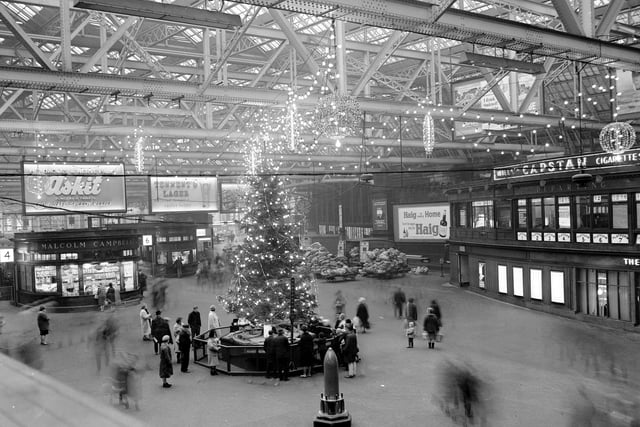 The Christmas tree and festive decorations in Glasgow's Central Station in 1965.