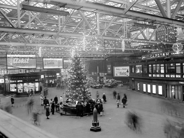 The Christmas tree and festive decorations in Glasgow's Central Station in 1965.
