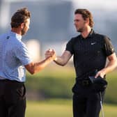 Scott Jamieson, left, congratulates Thomas Pieters after the final round of last year's Abu Dhabi HSBC Championship at Yas Links. Picture: Ryan Lim/AFP via Getty Images.