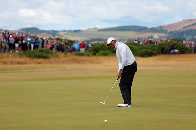 Tiger Woods misses a putt during the 150th Open at St Andrews Old Course in July, 2022. (Photo by Kevin C. Cox/Getty Images)