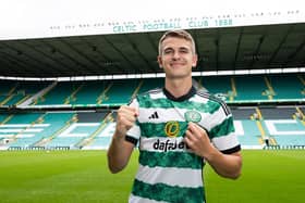 GLASGOW, SCOTLAND - JULY 26: Maik Nawrocki is unveiled as a Celtic player during a Celtic press conference at Celtic Park, on July 26, 2023, in Glasgow, Scotland. (Photo by Craig Foy / SNS Group)