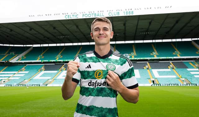 GLASGOW, SCOTLAND - JULY 26: Maik Nawrocki is unveiled as a Celtic player during a Celtic press conference at Celtic Park, on July 26, 2023, in Glasgow, Scotland. (Photo by Craig Foy / SNS Group)