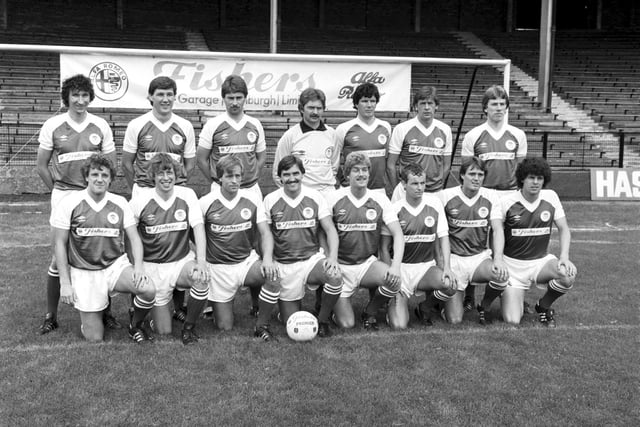 The Hibs football team line up at Easter Road before the start of the 1982/83 season.