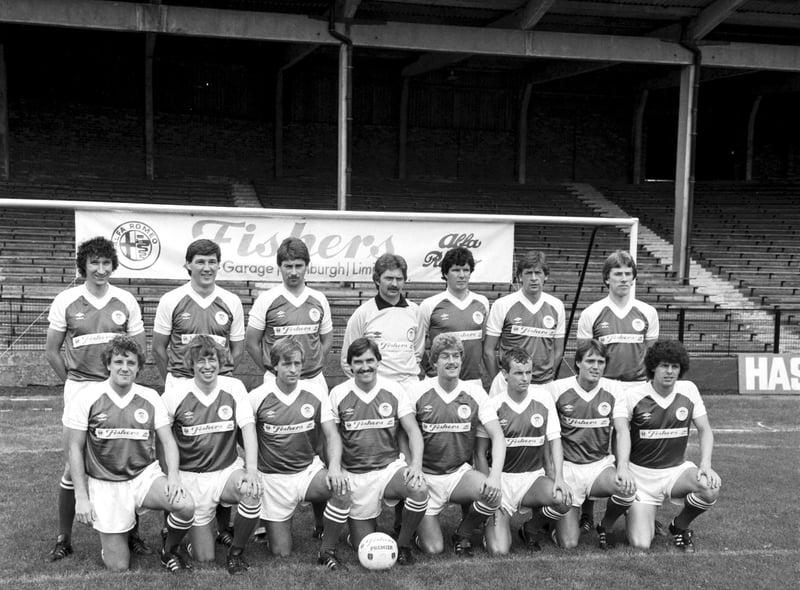 The Hibs football team line up at Easter Road before the start of the 1982/83 season.