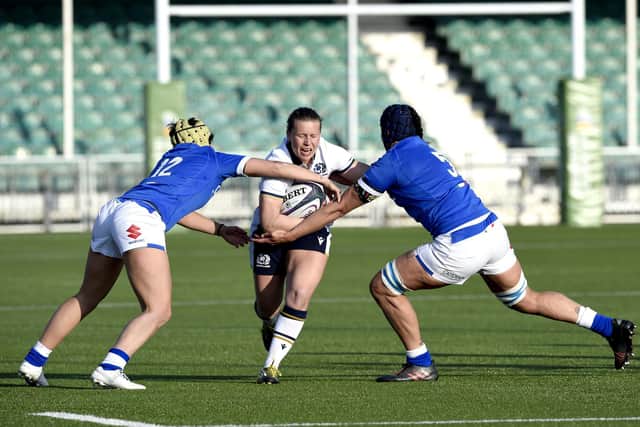 Scotland's Sarah Law finds her path blocked by Italy's Beatrice Rigoni (left) and Giordana Duca during the 41-20 defeat at Scotstoun. Picture: Ian Rutherford/PA Wire