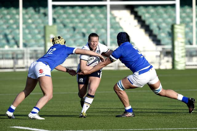 Scotland's Sarah Law finds her path blocked by Italy's Beatrice Rigoni (left) and Giordana Duca during the 41-20 defeat at Scotstoun. Picture: Ian Rutherford/PA Wire