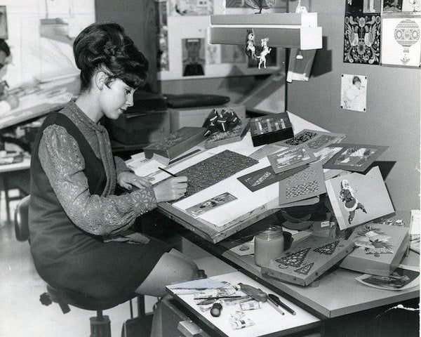 One of the card designers hard at work at Valentine & Sons card factory in Dundee in 1971.