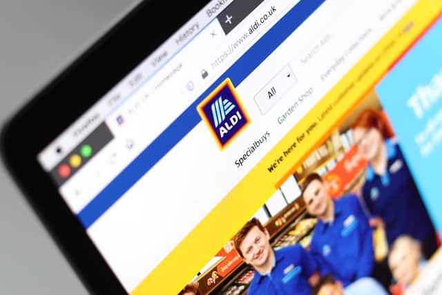 The Aldi website is pictured on a laptop as Supermarket websites are overwhelmed by online orders during the COVID-19 Coronavirus pandemic as the UK continues in lockdown to help curb the spread of the coronavirus. : The Aldi website is pictured on a laptop as Supermarket