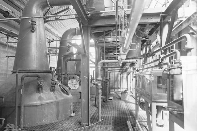 Spirit safes and whisky stills at the Tomnavoulin Distillery in 1966.