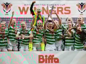 Celtic players lift the Scottish Women's Cup trophy after defeating Glasgow City in the final at Tynecastle. (Photo by Craig Foy / SNS Group)