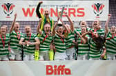 Celtic players lift the Scottish Women's Cup trophy after defeating Glasgow City in the final at Tynecastle. (Photo by Craig Foy / SNS Group)