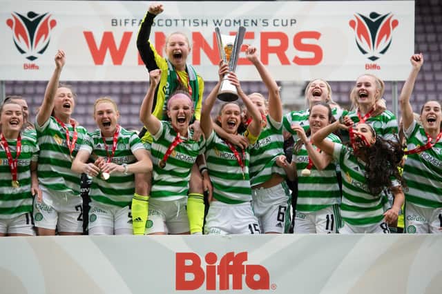 Celtic players lift the Scottish Women's Cup trophy after defeating Glasgow City in the final at Tynecastle. (Photo by Craig Foy / SNS Group)
