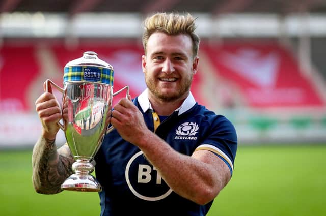 Scotland captain Stuart Hogg with the Doddie Weir Cup after the 14-10 win over Wales in the Six Nation in Llanelli. Picture: Tommy Dickson/INPHO/Shutterstock