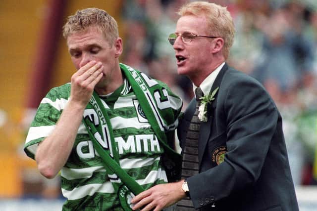 Peter Grant says his tears as he was embraced by manager Tommy Burns (right) in the aftermath of the 1995 Scottish Cup triumph that end the club's torturous six-year wait for a trophy were not "celebratory" but borne out of "sheer relief". (Photo by SNS Group)
