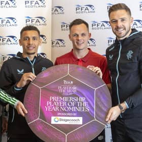 Rangers skipper James Tavernier with teammate Jack Butland, Celtic midfielder Matt O'Riley and Hearts skipper Lawrence Shankland after being nominayed for PFA Scotland Premiership Player of the Year