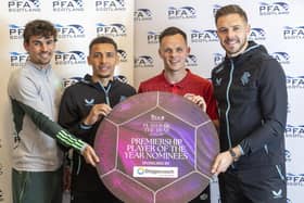 Rangers skipper James Tavernier with teammate Jack Butland, Celtic midfielder Matt O'Riley and Hearts skipper Lawrence Shankland after being nominayed for PFA Scotland Premiership Player of the Year