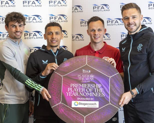 Rangers skipper James Tavernier with teammate Jack Butland, Celtic midfielder Matt O'Riley and Hearts skipper Lawrence Shankland after being nominayed for PFA Scotland Premiership Player of the Year