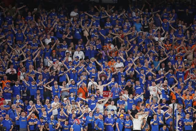 Rangers supporters at the Ramon Sanchez-Pizjuan Stadium in Seville during the Europa League final against Eintracht Frankfurt on May 18. (Photo by Alex Grimm/Getty Images)