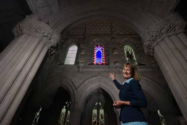 The Countess of Rosslyn with the new stained glass window (picture: Rob McDougall)