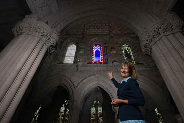 The Countess of Rosslyn with the new stained glass window (picture: Rob McDougall)