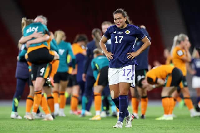 Abigail Harrison of Scotland looks dejected after defeat to Republic of Ireland in the World Cup 2023 play-off at Hampden in October. (Photo by Ian MacNicol/Getty Images)