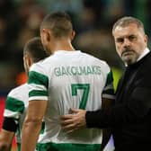 Celtic manager Ange Postecoglou and his Greek forward Giorgos Giakoumakis.
